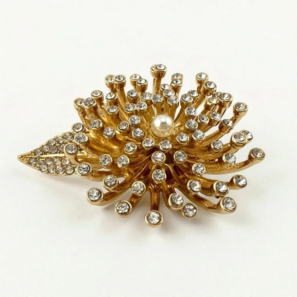 Anne Klein Brooch in Gold - Floral with Crystals